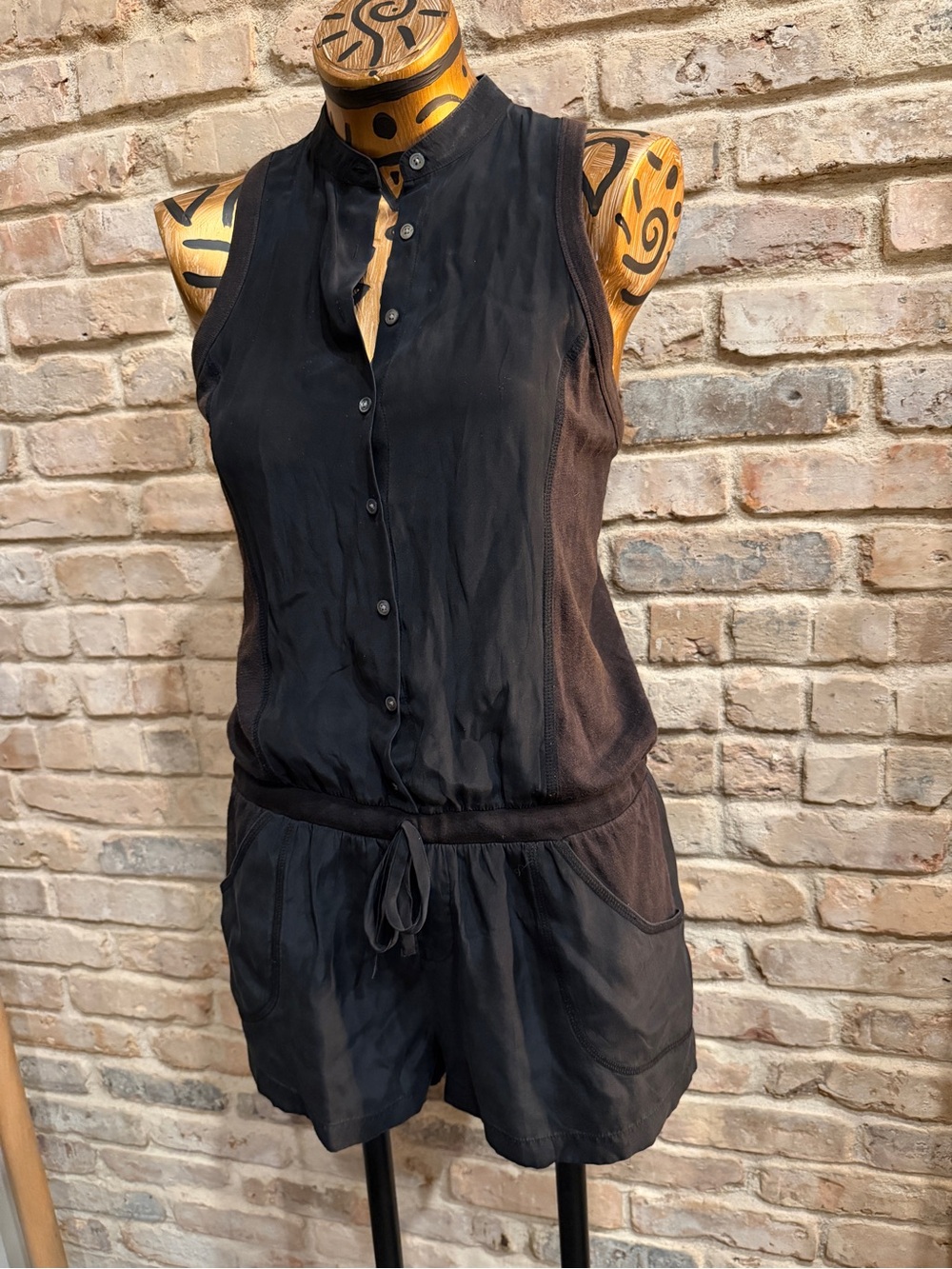 ATM Sleeveless Black Button-Front Romper with Drawstring Waist S